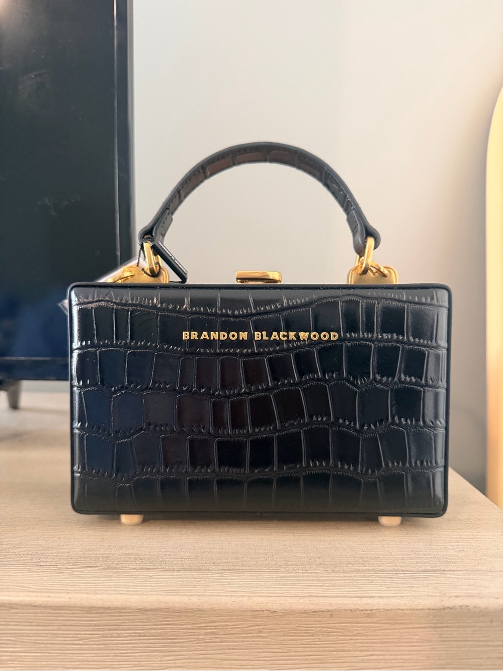 Brandon Blackwood Black Croc-Embossed SLIM trunk with Gold Hardware